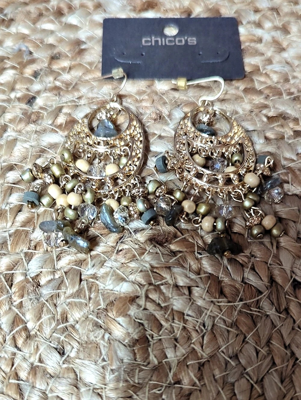 Chico's Beaded Filigree Earrings in Gold & Green, Tan Like New